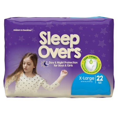 McKesson's Unisex Youth Absorbent Underwear Cuties® offers SleepOvers nighttime protection against incontinence. The packaging features a pajama-clad girl on a starry purple background, highlights "Skin Smart" protection, and includes 22 X-Large pants for both boys and girls.