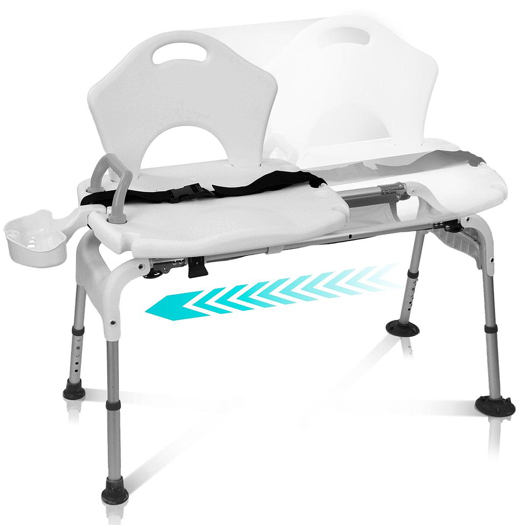 The Vive Health Sliding Shower Chair in white offers a sliding seat, adjustable backrest, safety belt, rubber feet for stability, armrest, and convenient cup holder. A blue arrow highlights its sliding function.