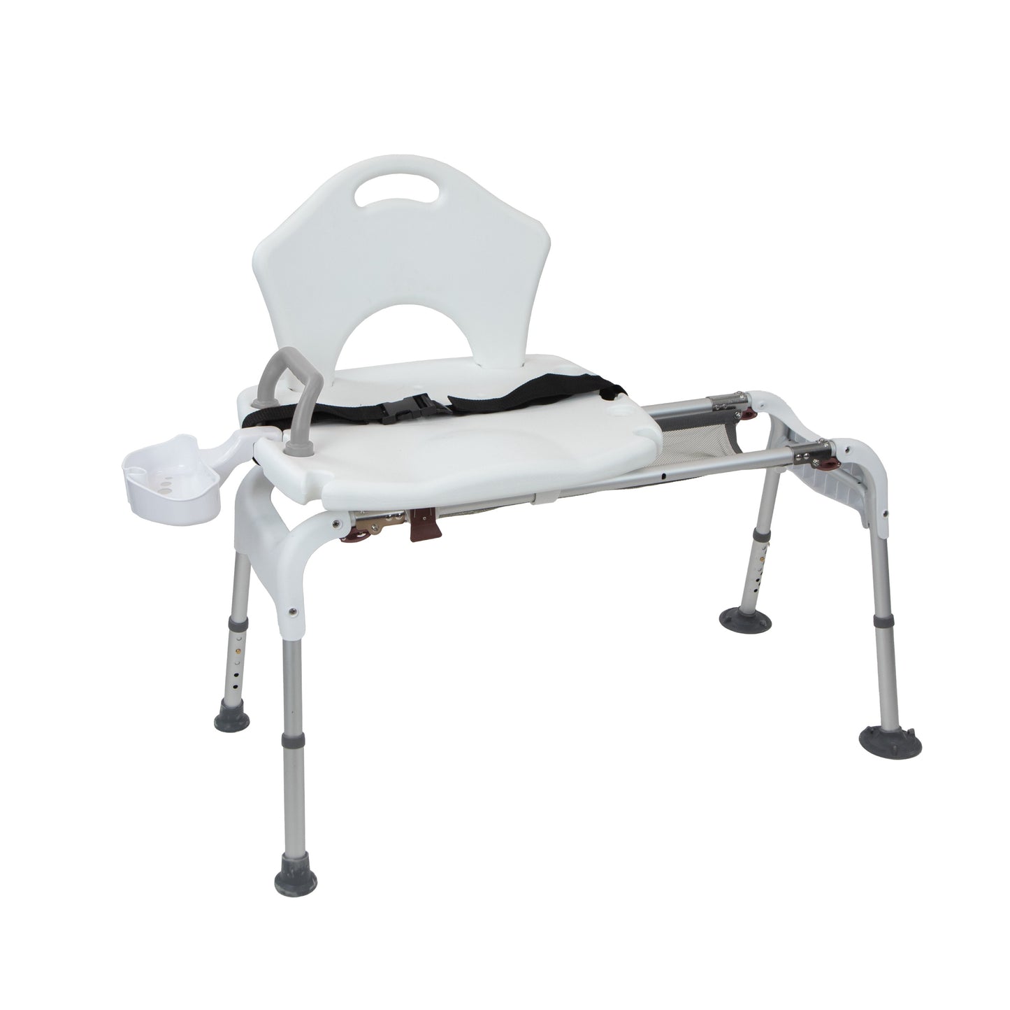 The Vive Health Sliding Shower Chair is a white adjustable mobility aid with a backrest, armrest, and safety belt. It features non-slip rubber feet for stability and includes a small tray for holding items.