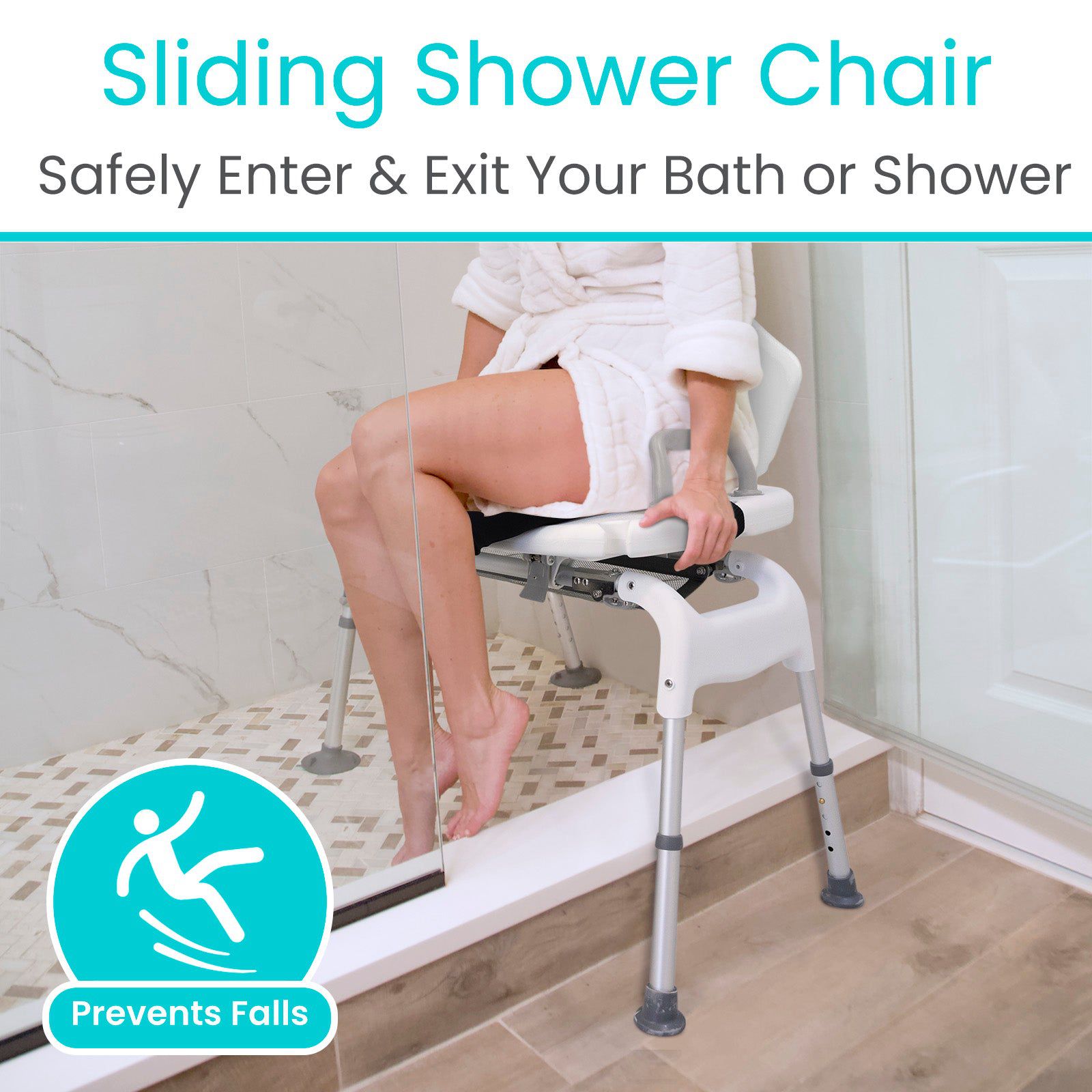 A person in a bathrobe sits comfortably on a Vive Health mobility aid—a Sliding Shower Chair—partially inside the shower. Text on the image reads, "Sliding Shower Chair: Safely Enter & Exit Your Bath or Shower" and "Prevents Falls.