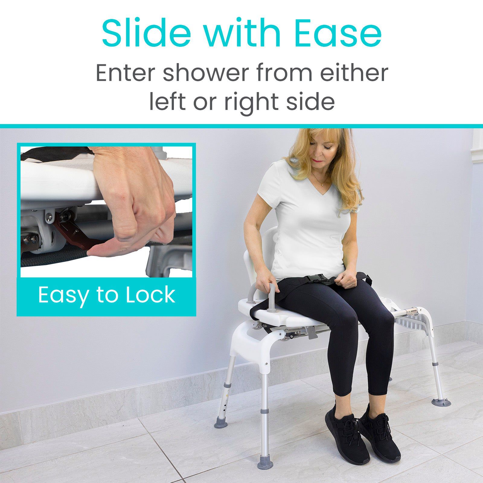 A woman wearing a white shirt and black pants uses the Vive Health Sliding Shower Chair with ease. An inset highlights a hand locking the seat, and text reads "Slide with Ease" and "Easy to Lock," demonstrating this essential mobility aid's seamless functionality.