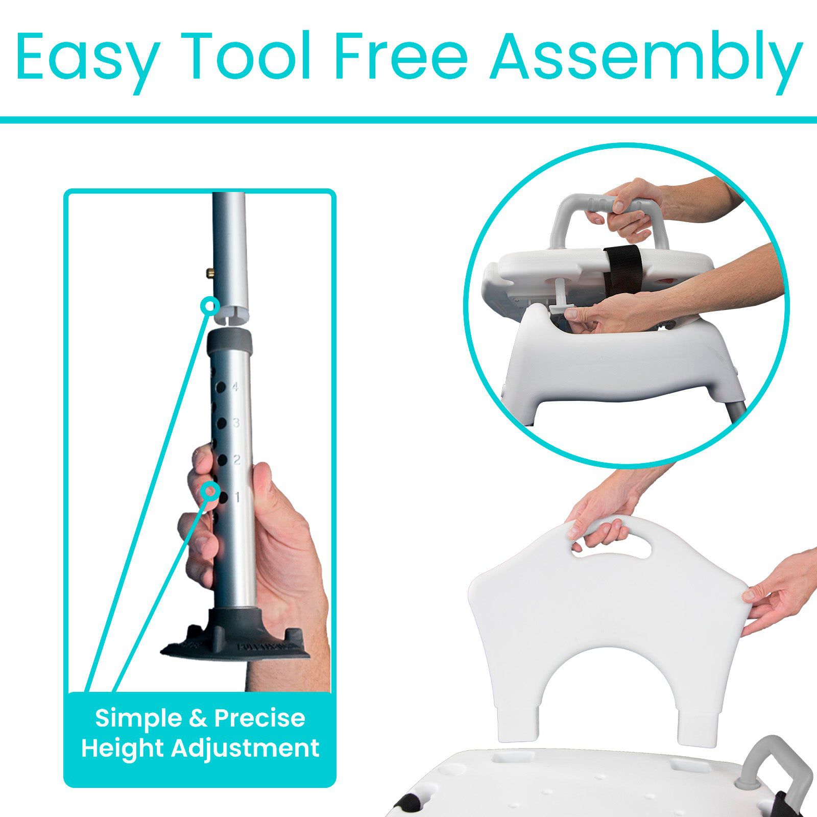 Discover the convenience of the Vive Health Sliding Shower Chair, featuring tool-free assembly with illustrated guides for adjusting chair height, securing the backrest, and positioning handles. It highlights easy setup and simple height adjustments—ideal for enhancing bathroom mobility.