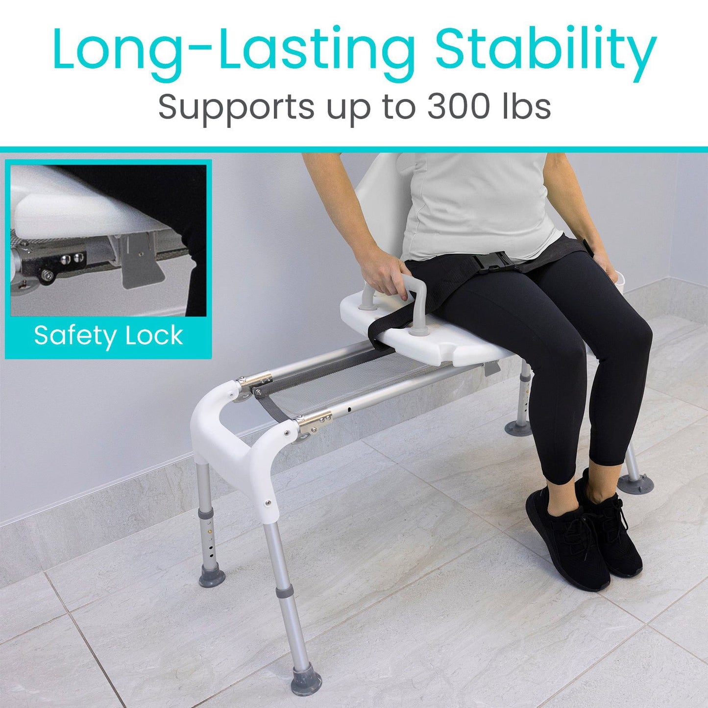 A person sits comfortably on the Vive Health Sliding Shower Chair, a sturdy, adjustable chair with safety locks that supports up to 300 lbs. This white mobility aid features metallic legs and a security strap for lasting stability.