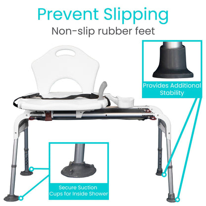 An image of the Vive Health Sliding Shower Chair showcases non-slip rubber feet and secure suction cups for in-shower stability. Text highlights "Prevent Slipping - Non-slip rubber feet" and "Provides Additional Stability," making it an ideal mobility aid.