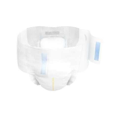 The McKesson TENA® Complete + Care Ultra™ unisex adult incontinence brief is shown against a plain background. This disposable diaper, in white, includes blue adhesive tabs and features a stretchy waistband along with gathered leg cuffs for added comfort, offering moderate absorbency.