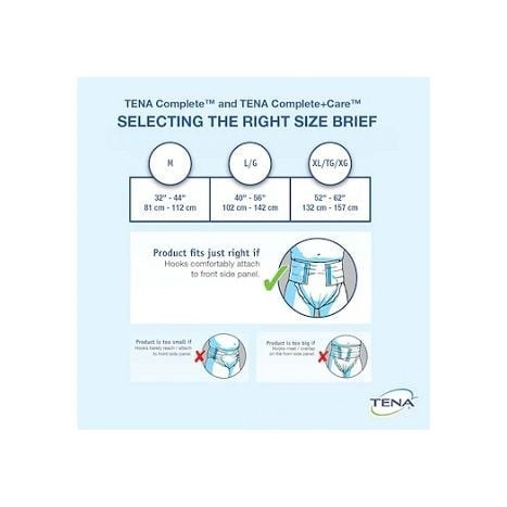 The sizing chart for McKesson's Unisex Adult Incontinence Brief TENA® Complete + Care Ultra™ offers size options: N (32"-44"), L/G (40"-56"), and XL/TG/XG (52"-62"). It includes illustrated fit instructions to help select the correct brief size, and offers moderate absorbency.