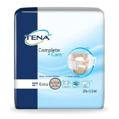 The packaging of the Unisex Adult Incontinence Brief TENA® Complete + Care Ultra™ by McKesson features its branding with an image of the brief and icons promoting DuoLock™ Core Technology for enhanced absorbency. The front showcases a quantity of 24 units, all within a blue and white design.