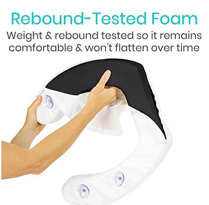 A person showcases the Vive Health Toilet Seat Cushion 4'' Soft, highlighting its durable, rebound-tested foam for long-lasting comfort. The black-and-white cushion includes suction cups for stability and is designed to resist flattening over time.