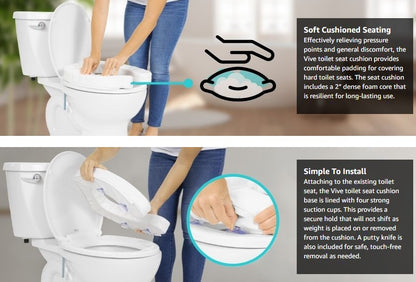 Two images of the Vive Health Toilet Seat Cushion 4'' Soft: The top shows its plush foam seat with a dense core for comfort. The bottom illustrates easy installation with suction cups and highlights the soothing comfort and hassle-free setup process.