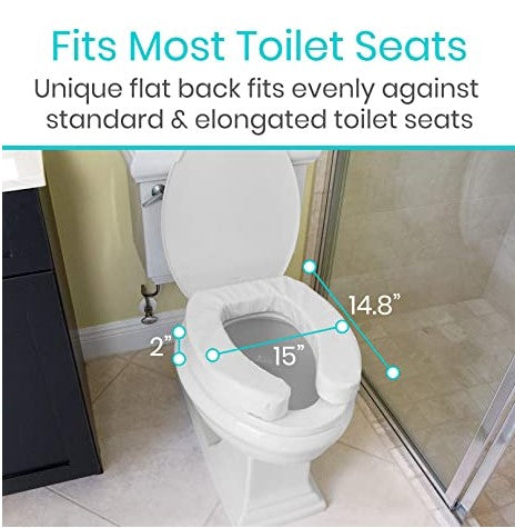 The Vive Health Toilet Seat Cushion 4'' Soft offers cushioned comfort with a detailed measurement diagram. It's 14.8 inches wide, 15 inches from front to back, and has a cushion height of 2 inches. Text notes it fits most standard and elongated seats.