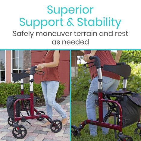 A person using a Vive Health Wheelchair Rollator, a red walker with four wheels, on a paved path. This versatile mobility aid offers superior support & stability, featuring a seat, storage bag, and dual braking system for safely maneuvering terrain and resting as needed.