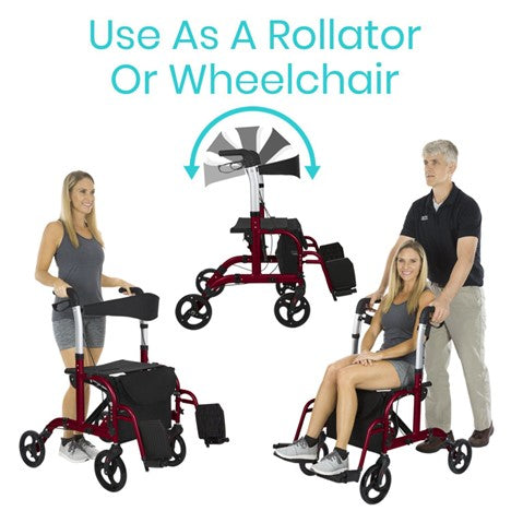 The image features the Vive Health Wheelchair Rollator, a versatile mobility aid functioning as both a rollator and wheelchair. A woman demonstrates its use, standing behind it and seated while a man assists. Text: "Use As A Rollator Or Wheelchair with Dual Braking System.