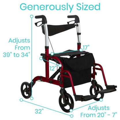 The Vive Health Wheelchair Rollator, in red with black accessories, is versatile with adjustable height (39" to 34") and width (20" to 7"). It features a seat height of 17", seat depth of 12", dual braking system, and a total length of 32". Text reads: "Generously Sized.