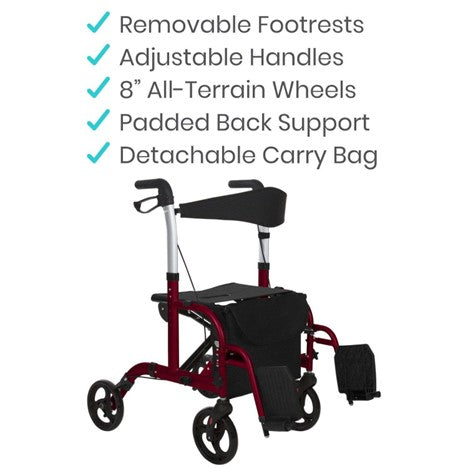 The Vive Health Wheelchair Rollator is a red walker with black handles, removable footrests, an attached and detachable carry bag, adjustable handles, 8" all-terrain wheels, padded back support, and a dual braking system for enhanced safety.