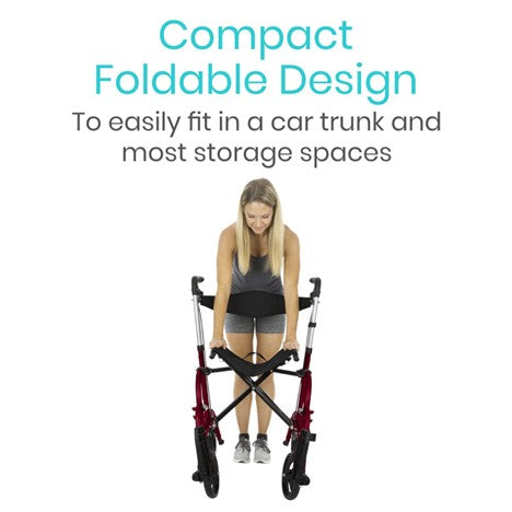 A woman demonstrates folding the Vive Health Wheelchair Rollator, highlighting its compact and foldable design, ideal for easy storage in a car trunk. This innovative mobility aid also features a dual braking system for enhanced safety and control.