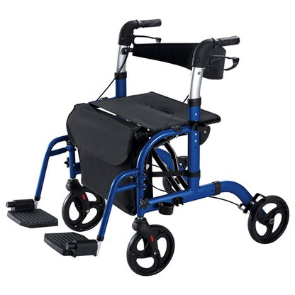 The Vive Health Wheelchair Rollator is a blue mobility aid featuring four wheels, adjustable handles, footrests, a padded seat with backrest, an under-seat storage bag, and a dual braking system for enhanced safety and control.