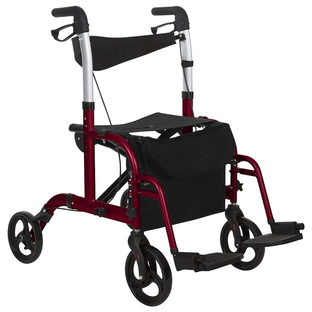 The Vive Health Wheelchair Rollator in red, featuring four wheels, a mesh seat and backrest, dual braking system, and a storage pouch under the seat, offers an excellent mobility aid.