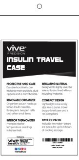 The Vive Health Insulin Travel Case image displays its insulated case with a hard shell, removable organizer, interior thermometer, compact design, and cooling storage featuring two ice packs.