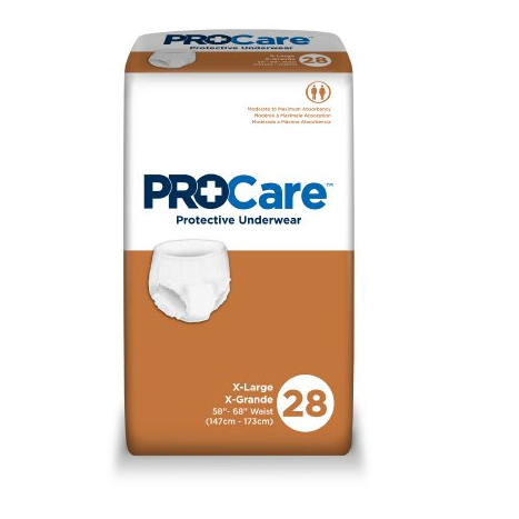 The McKesson ProCare™ Unisex Adult Absorbent Underwear package, size X-Large for 58"-68" waists (147cm-173cm), is brown and white. It features a diaper image with breathable zones, highlighting its super absorbent pull-up design. The package contains 28 pieces.