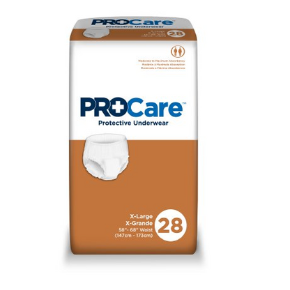 The McKesson ProCare™ Unisex Adult Absorbent Underwear package, size X-Large for 58"-68" waists (147cm-173cm), is brown and white. It features a diaper image with breathable zones, highlighting its super absorbent pull-up design. The package contains 28 pieces.