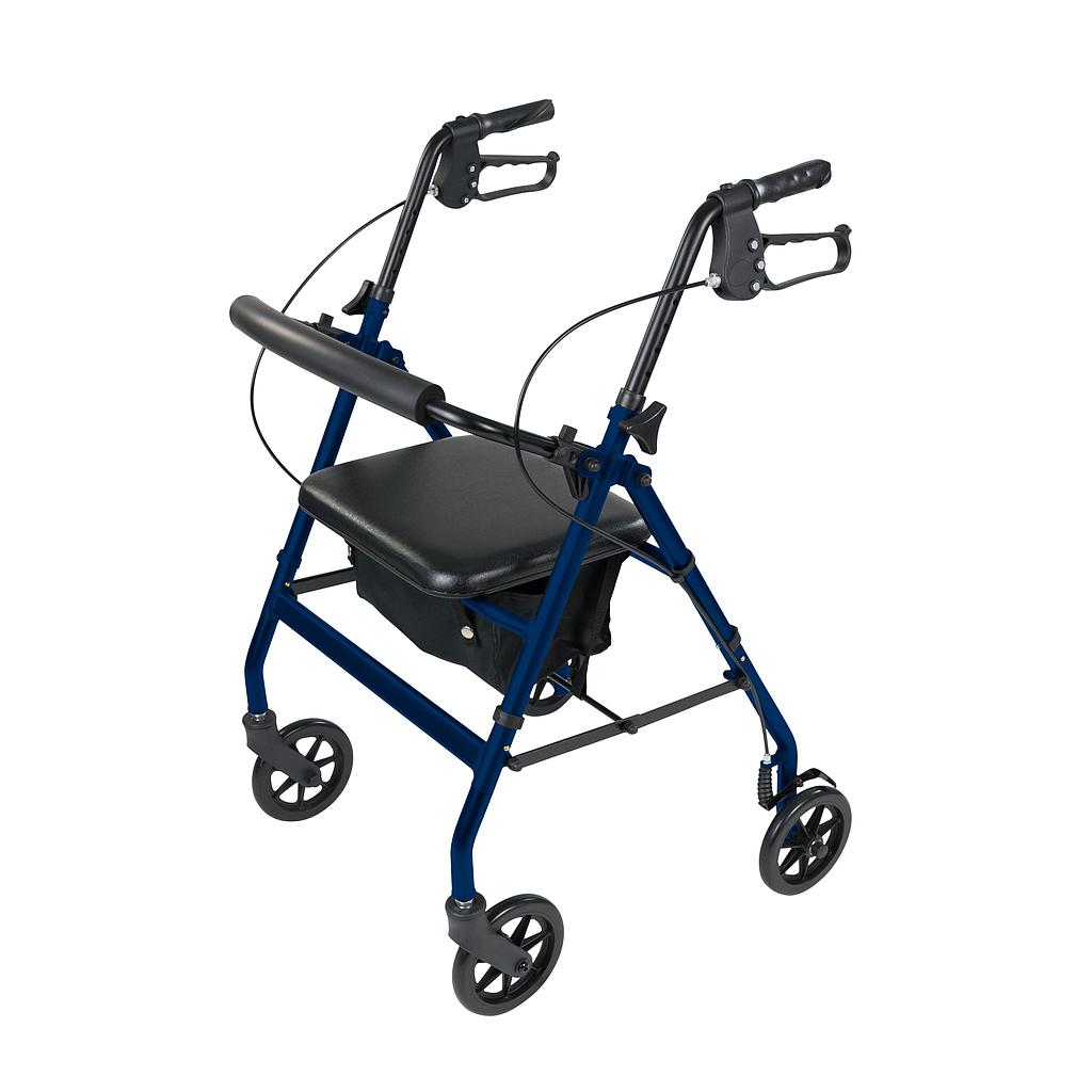 The Vive Health Aluminum Lightweight Rollator in blue features four wheels, a black padded seat and backrest, hand brakes, an ergonomic dual-braking system for safety, and a small storage pouch beneath the seat.