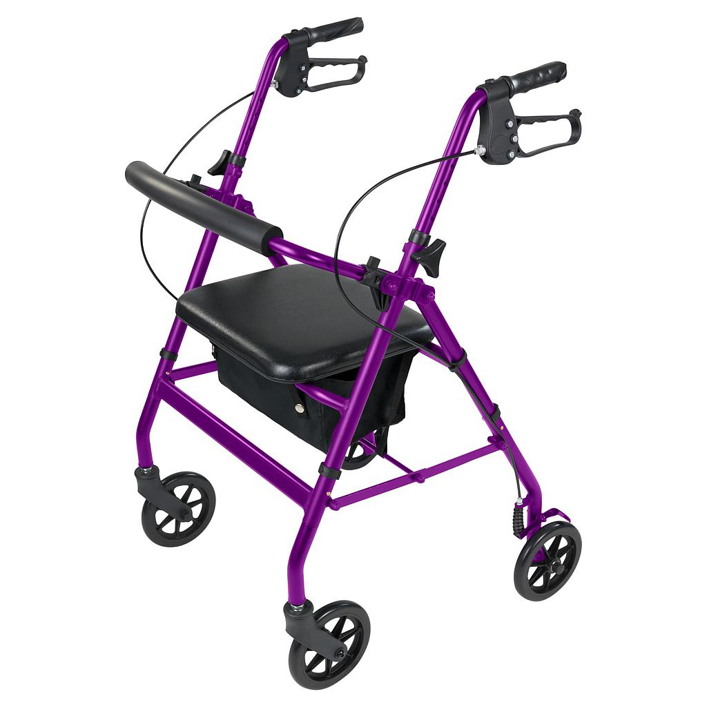 The Vive Health Aluminum Lightweight Rollator, in purple, includes a padded seat, lightweight aluminum frame, four black wheels, and ergonomic dual-braking system. It offers adjustable handles and features a small black storage pouch beneath for convenience and safe mobility.