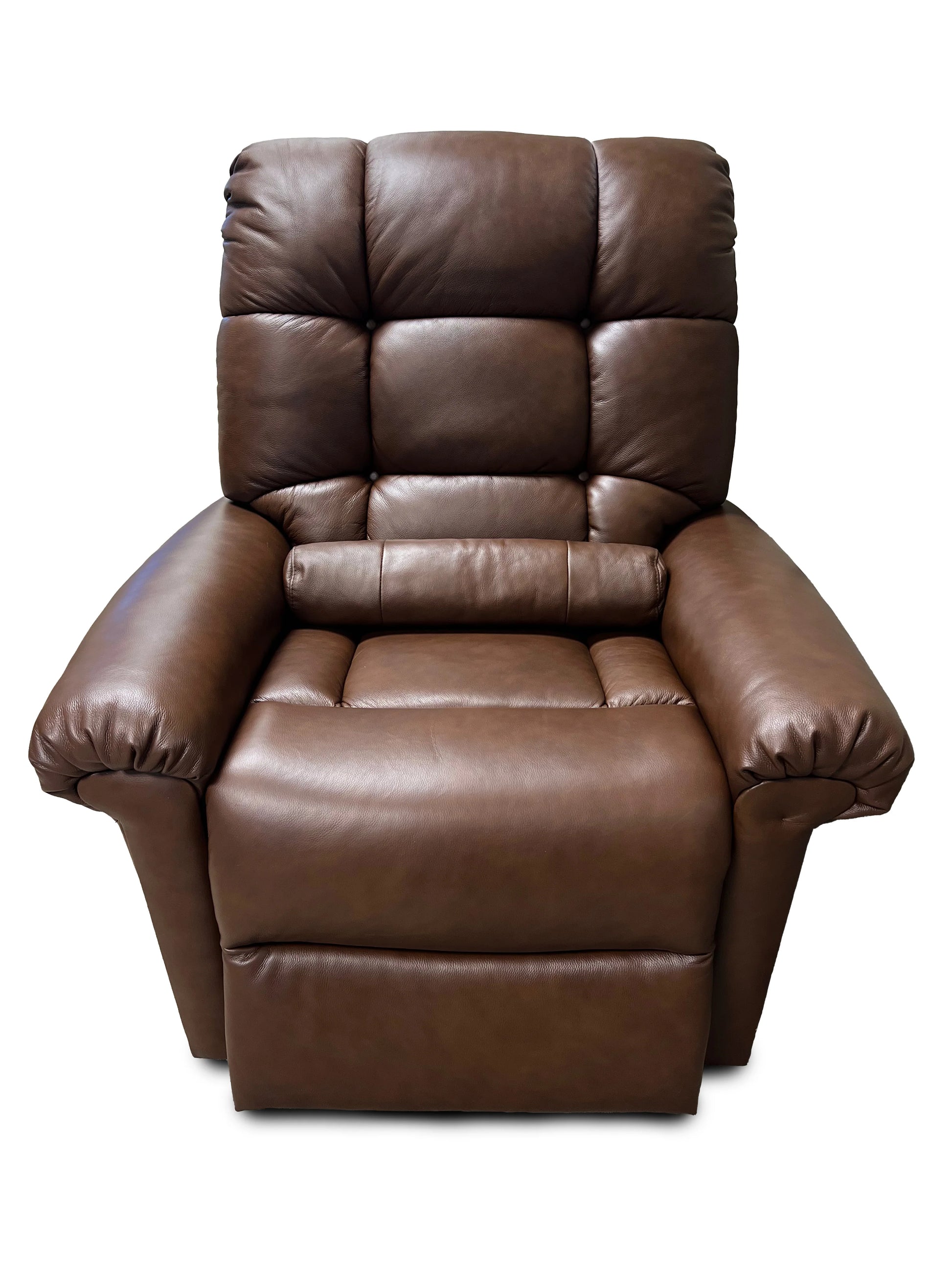 The Perfect Sleep Chair by Journey Health & Lifestyle, a large brown leather recliner, features dual motors, cushioned armrests, and a padded backrest to ensure supportive positioning. It is displayed against a plain white background.