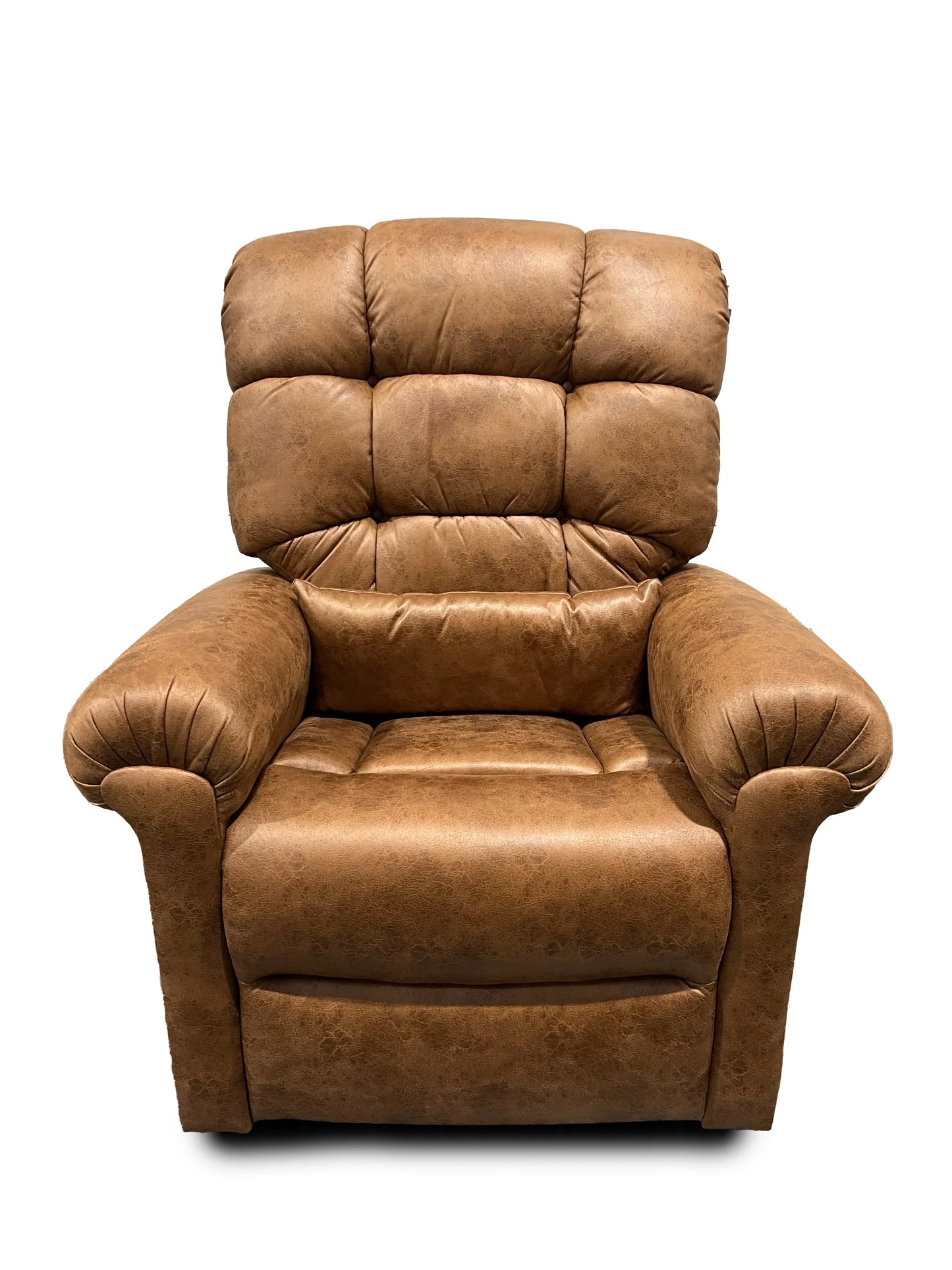 The Journey Health & Life Style Perfect Sleep Chair, in Duralux Tan, features dual motors and a high backrest for supportive positioning. With plush cushioned armrests enhancing comfort, it stands as an ideal recliner chair set against a crisp white background.