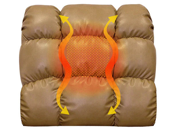 The Perfect Sleep Chair by Journey Health & Lifestyle features a plush, tufted beige cushioned seat section with arrows and an orange gradient symbolizing dual motors for heat or massage functions. This soft cushion provides supportive positioning, making it an ideal feature of the chair.