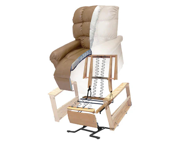 An exploded view of the Perfect Sleep Chair by Journey Health & Lifestyle showcases its components, such as fabric upholstery, padding, coils, and dual motors. The materials and supportive positioning elements are displayed separately to highlight the chair's intricate internal structure and design.