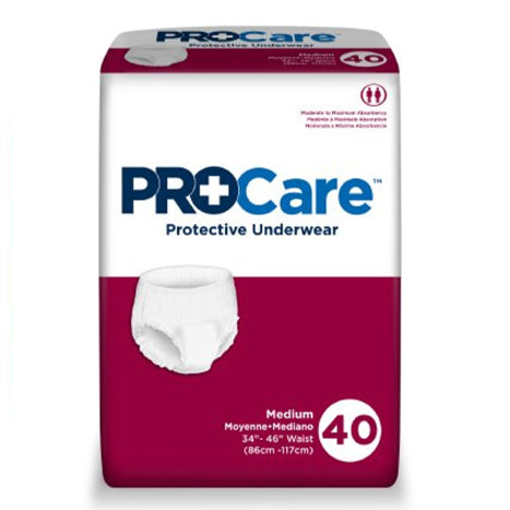 The McKesson ProCare™ Unisex Adult Absorbent Underwear package offers super absorbent pull-ups for medium sizes, fitting 34"-46" (86cm-117cm) waists. This white and maroon pack displays the product image and '40' to indicate the quantity for dependable adult incontinence protection.