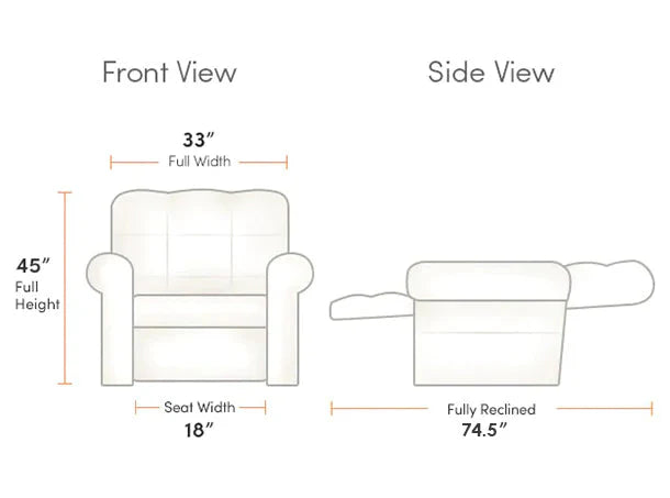 Diagram of the Journey Health & Lifestyle Perfect Sleep Chair featuring both front and side perspectives. The front view illustrates a total width of 33 inches and a height of 45 inches, with an 18-inch seat width that ensures supportive positioning. The side view shows the chair fully reclined at 74.5 inches, showcasing its dual motors for optimal comfort and adjustability.