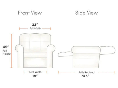 Diagram of the Journey Health & Lifestyle Perfect Sleep Chair featuring both front and side perspectives. The front view illustrates a total width of 33 inches and a height of 45 inches, with an 18-inch seat width that ensures supportive positioning. The side view shows the chair fully reclined at 74.5 inches, showcasing its dual motors for optimal comfort and adjustability.