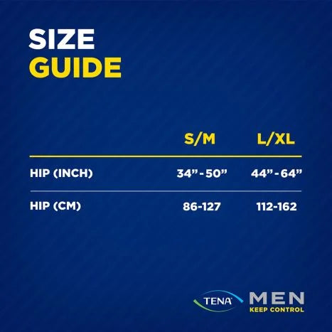 The size guide for McKesson's Male Adult Absorbent Underwear TENA® MEN™ Super Plus indicates that S/M fits hip sizes 34"-50" (86-127 cm) and L/XL fits 44"-64" (112-162 cm). Designed for men's incontinence care, the packaging features a blue background with yellow and white text.