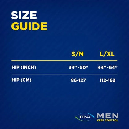 The size guide for McKesson's Male Adult Absorbent Underwear TENA® MEN™ Super Plus indicates that S/M fits hip sizes 34"-50" (86-127 cm) and L/XL fits 44"-64" (112-162 cm). Designed for men's incontinence care, the packaging features a blue background with yellow and white text.