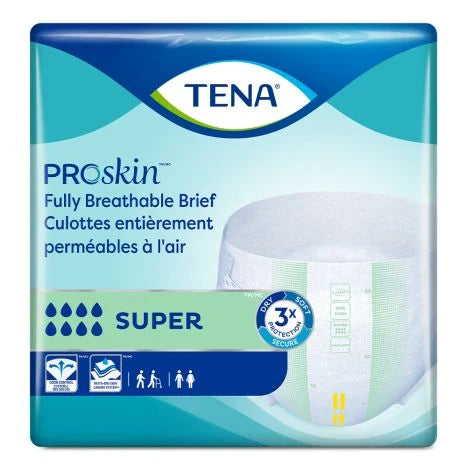 Package of McKesson TENA ProSkin™ Unisex Adult Incontinence Briefs offers breathable, absorbent protection. Design includes softness and security icons, bilingual text (English/French), droplets, and garment image illustrating superior quality.