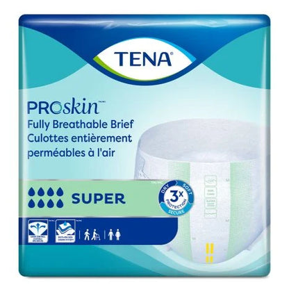 Package of McKesson TENA ProSkin™ Unisex Adult Incontinence Briefs offers breathable, absorbent protection. Design includes softness and security icons, bilingual text (English/French), droplets, and garment image illustrating superior quality.