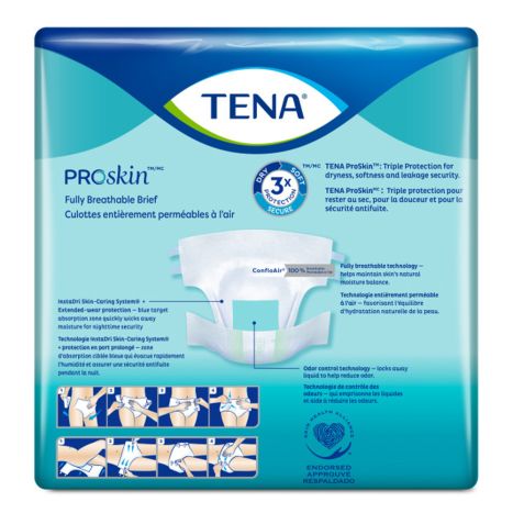 Image of McKesson's Unisex Adult Incontinence Brief TENA ProSkin™ package, highlighting fully breathable briefs with Triple Protection for dryness, softness, and leakage security. Package includes images depicting the absorbent features and usage instructions.