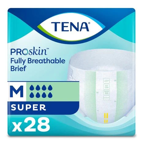 Packaging of McKesson's TENA ProSkin™ briefs comes with 28 medium-size, "Super" absorbency unisex adult incontinence briefs. The blue-green design features droplet icons and a product image, showcasing the fully breathable product.