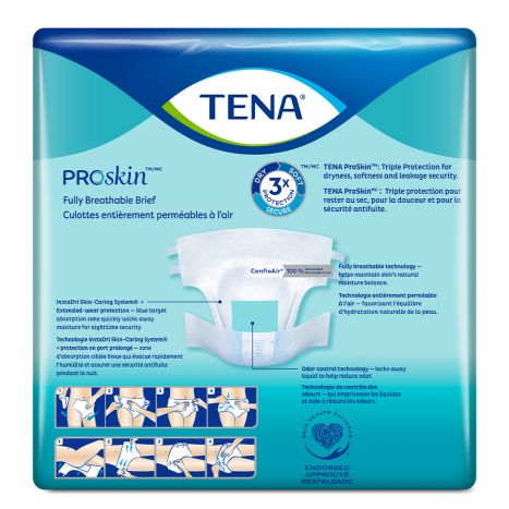 The packaging of McKesson's TENA ProSkin™ Ultra unisex briefs now showcases high absorbency with triple protection for dryness, softness, and leak security. It features ConfioAir technology and the Instadri Skin-Caring System. Instructions are shown in small images at the bottom.