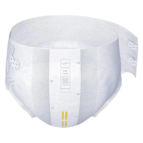 A McKesson TENA ProSkin™ Ultra unisex adult incontinence brief in white is shown on a plain background. It has yellow wetness indicators, adjustable tabs, high absorbency, and the Instadri Skin-Caring System for comfort and protection, designed for medium size.