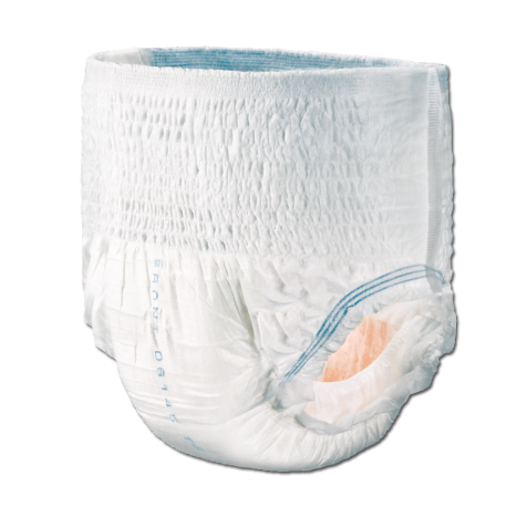 The Unisex Tranquility Premium OverNight Disposable Absorbent Underwear by Tranquility Principle Business is white with blue elastic bands and a light orange interior featuring Peach Core for better protection. It has a gathered waist for a snug fit, and a faint blue line marks the front.