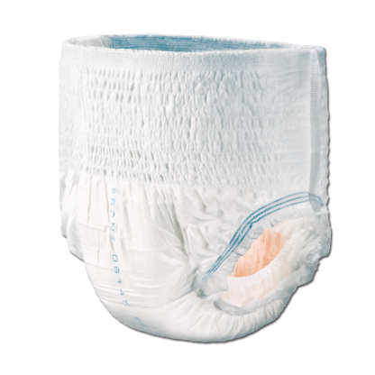 The Unisex Tranquility Premium OverNight Disposable Absorbent Underwear by Tranquility Principle Business is white with blue elastic bands and a light orange interior featuring Peach Core for better protection. It has a gathered waist for a snug fit, and a faint blue line marks the front.