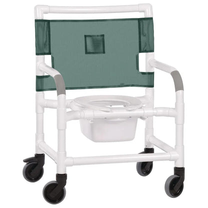 A Direct Supply Wide Shower Chair in forest green, with a sturdy PVC frame, plastic seat, green mesh backrest, four black wheels, built-in armrests, and a removable commode seat with covered bucket underneath supports up to 500 lb capacity.