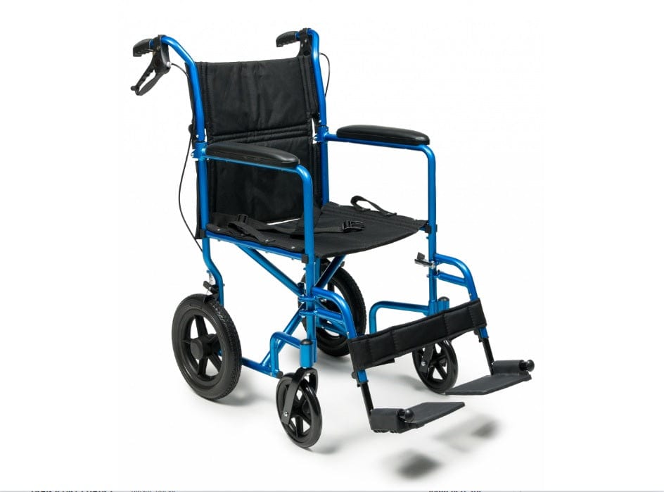 Graham Field's Deluxe Aluminum 12" Rear Wheel Transport Chair is designed with a robust aluminum frame in blue, complemented by black seats and armrests. It features large rear wheels, smaller front wheels, convenient footrests, and attendant wheel locks for added safety. The chair includes back handles for easy pushing and maneuverability, all set against a white background.