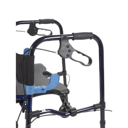 Close-up of the Drive Medical Walker Clever Lite Folding ADL 8" CSTRS in blue, featuring a comfortable black seat. The frame is equipped with handles and brakes, a folding mechanism, and offers sturdy support. The image emphasizes the details of this rollator walker against a white background, highlighting its practical design as a crucial mobility aid.