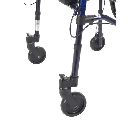 A close-up of the wheels and legs of the Drive Medical Walker Clever Lite Folding ADL 8" CSTRS, highlighting its sturdy frame and black rubber wheels against a white background.