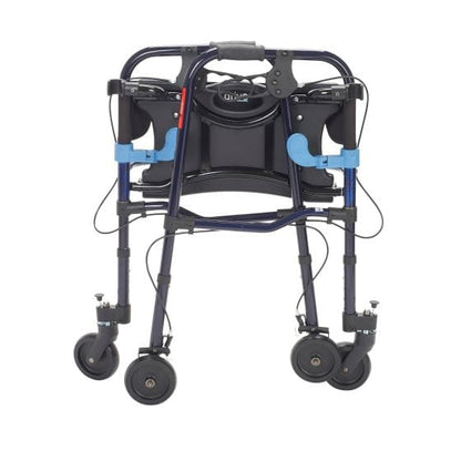 Introducing the Walker Clever Lite Folding ADL 8" CSTRS by Drive Medical—a rollator walker equipped with four black wheels, a dark blue frame, and distinctive blue handles. Designed for superior support and comfort, it also features a padded backrest and can be compactly folded for effortless storage.