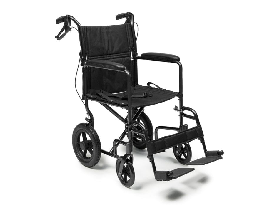 The Graham Field Deluxe Aluminum 12" Rear Wheel Transport Chair is equipped with hand brakes and foldable footrests, offering a black aluminum frame. It features four small wheels for easy maneuverability, along with attendant wheel locks. Its lightweight build and durable fabric seat make it ideal for both indoor and outdoor use.