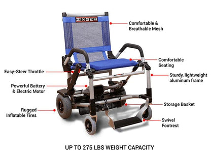 Discover the ultra-portable Zinger Chair with Arm Rests by Journey Health & Lifestyle! This electric wheelchair, available in blue, features an easy-steer throttle and comfortable seating with breathable mesh. It boasts a powerful battery and a sturdy aluminum frame equipped with a storage basket, swivel footrest, and rugged inflatable tires for multi-surface travel.